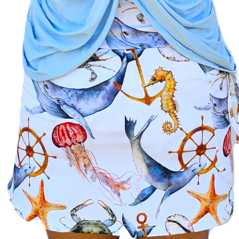 YOGAZ Nautical Skort Ocean Life Print with matching sun visor available Sizes Extra Extra Small to XXL - YOGAZ