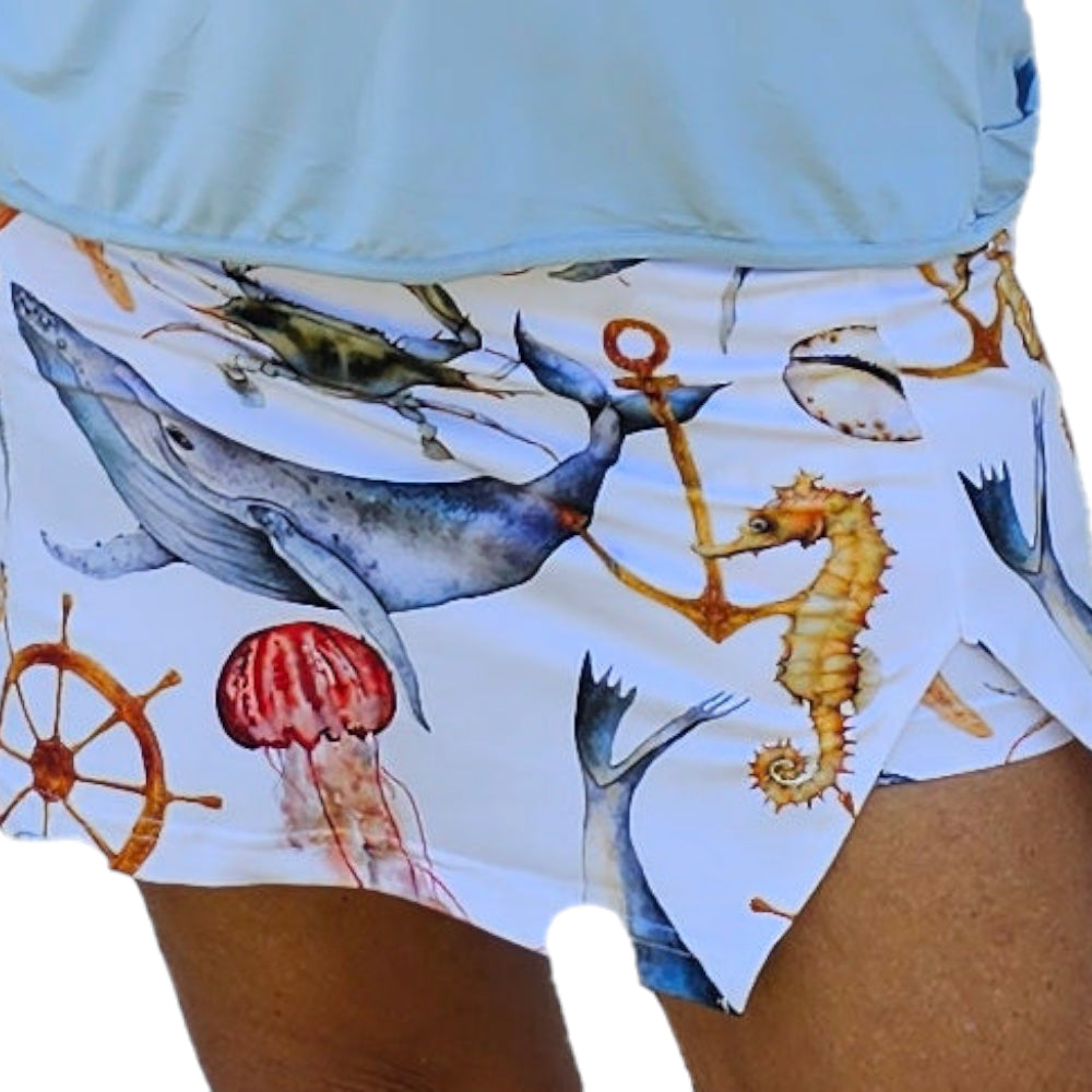 YOGAZ Nautical Skort Ocean Life Print with matching sun visor available Sizes Extra Extra Small to XXL - YOGAZ