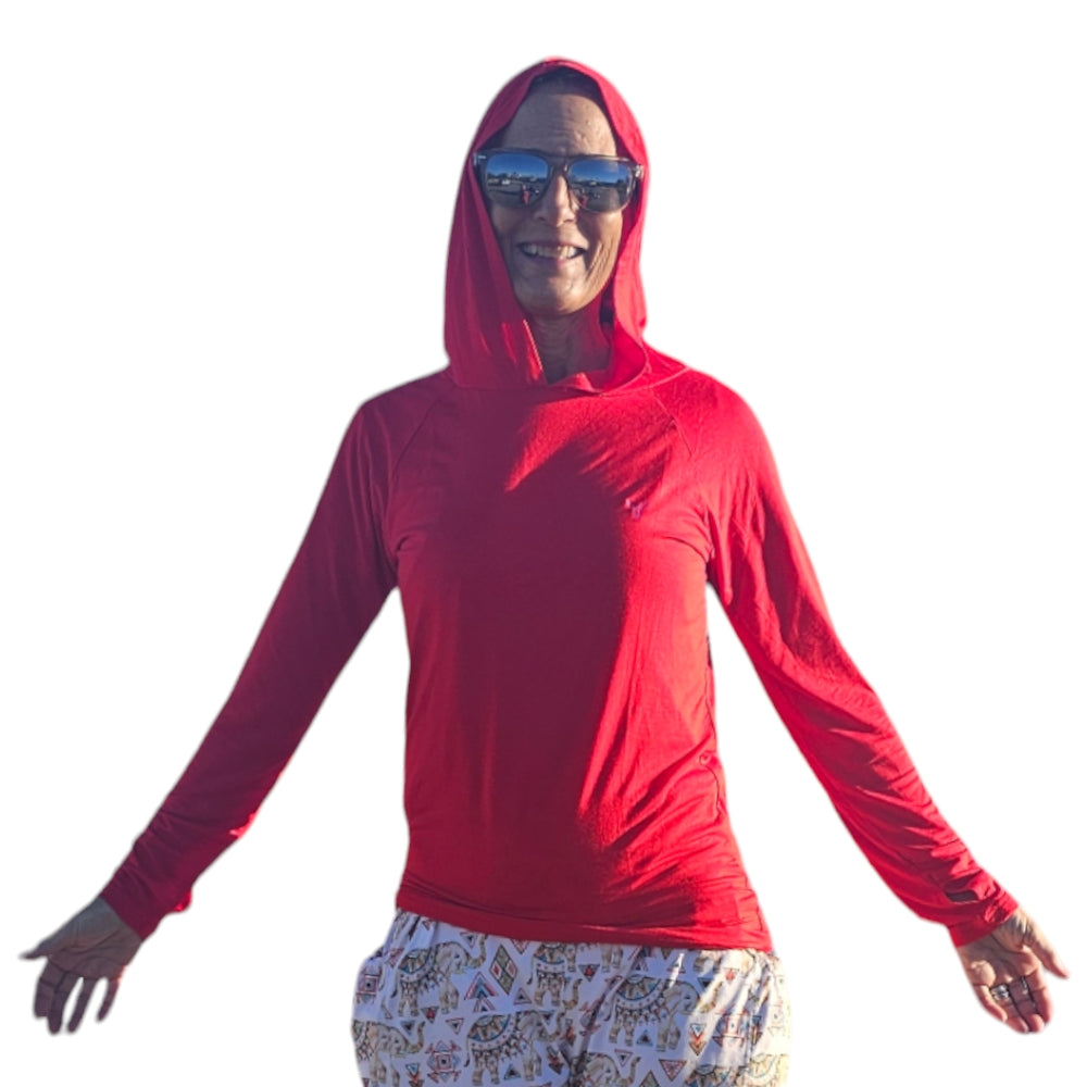 Bamboo Hoodie with UV 50 Protection and Thumb Holes - Red, Sizes XS to 3XL - YOGAZ