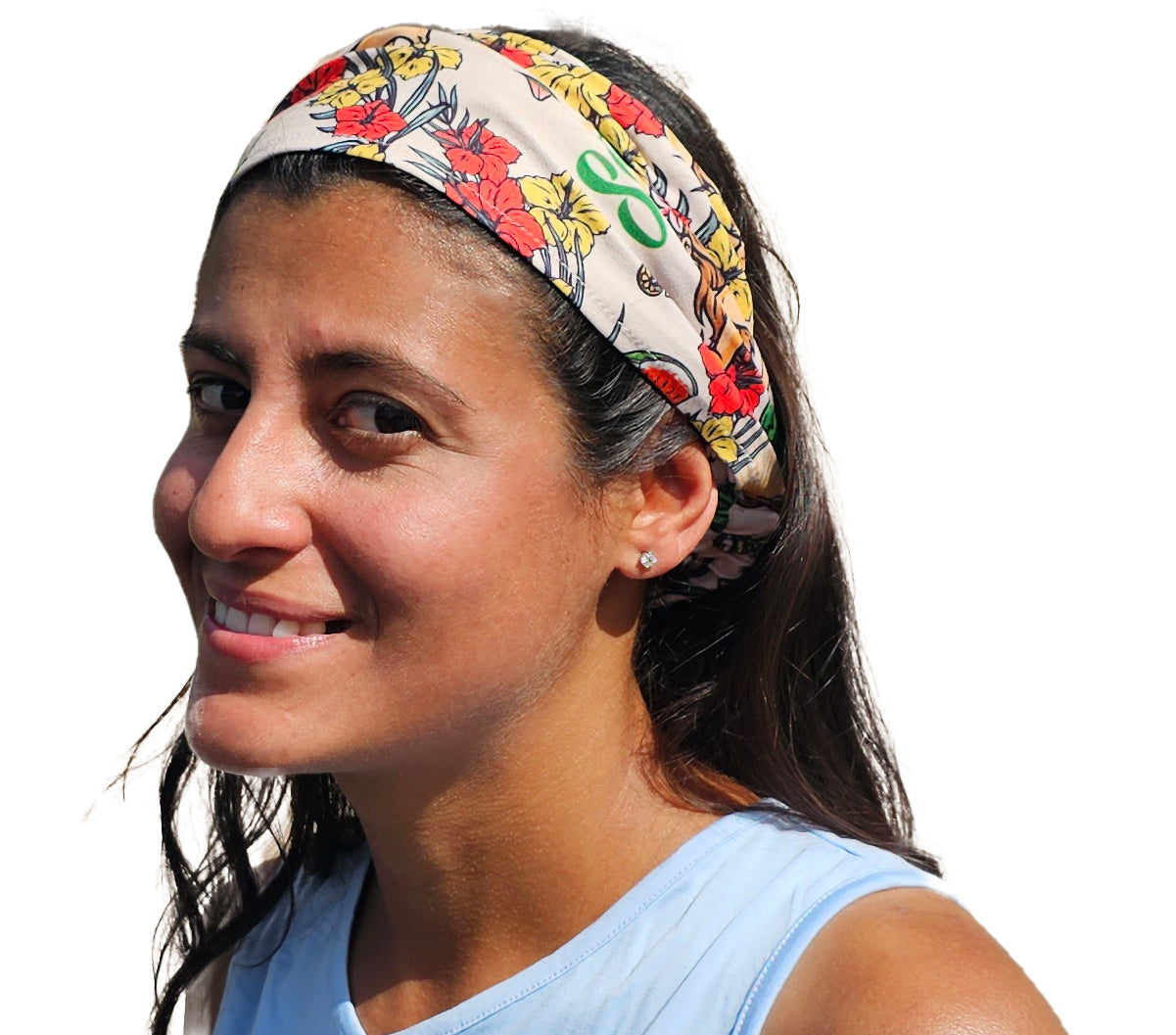 a woman with a hula girl hawaiian design  bandana on her head