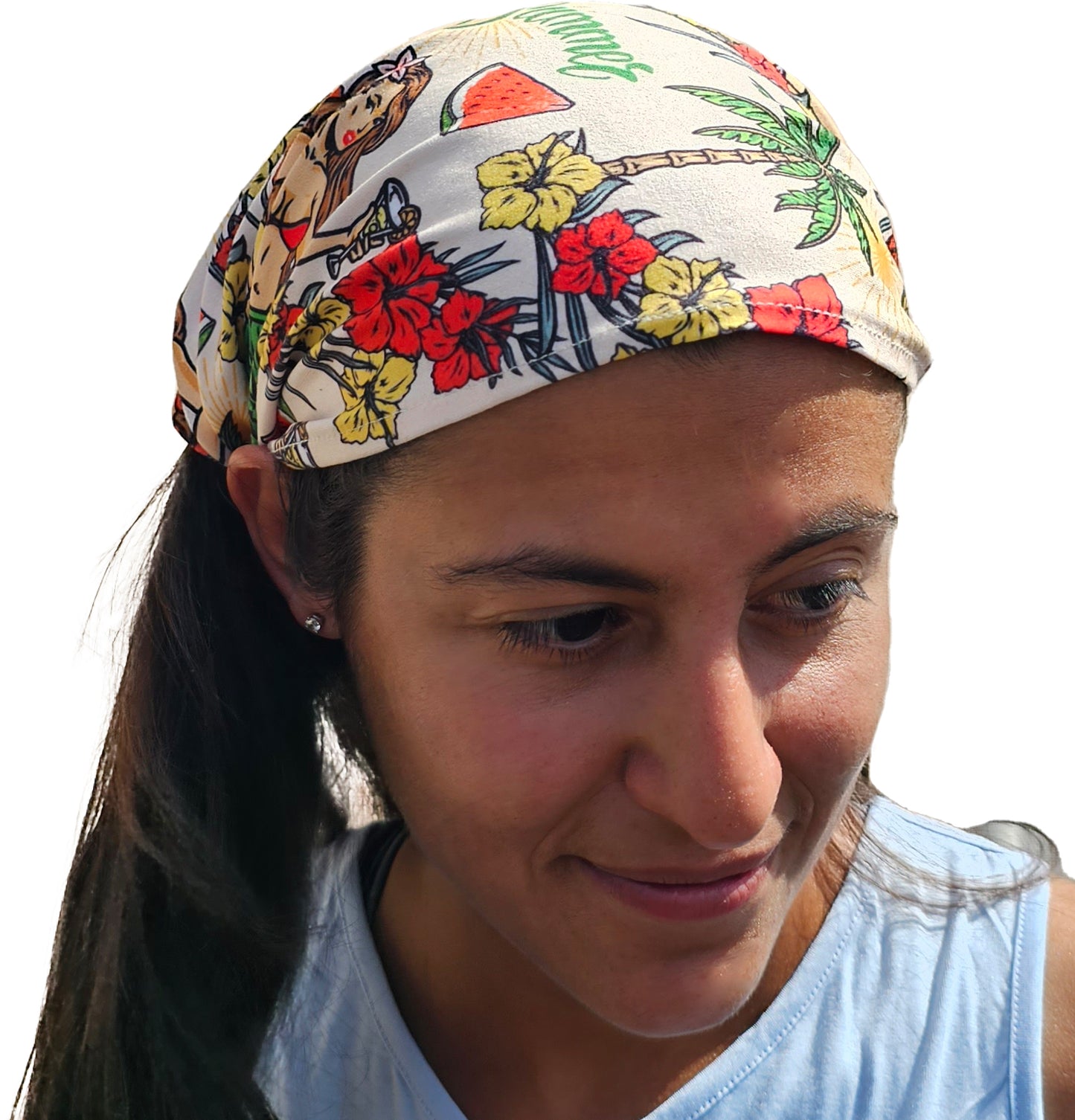 a woman wearing a hula girl hawaiian design  bandana looking down at her cell phone