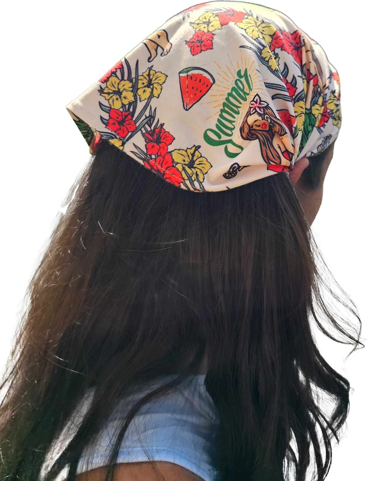 the back of a woman's head with hula girl hawaiian design bandana long hair