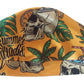 a yellow hat with a skull and a drink on it